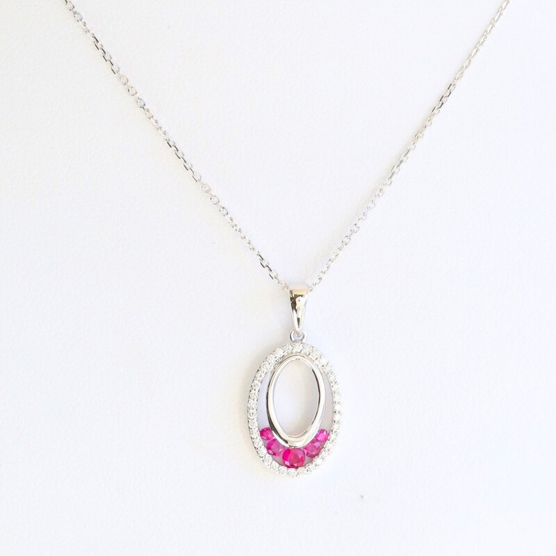 American Jewelry 14k White Gold .17ctw Ruby .13ctw Diamond Open Oval Necklace