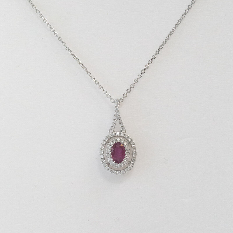 American Jewelry 18k White Gold 0.25ctw Diamond Double Halo 0.48ct Oval Ruby Pendant Necklace (18"-20")