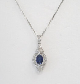American Jewelry 18k White Gold 0.32ctw Diamond & 0.93ct Blue Oval Sapphire Double Halo Fancy Pendant Necklace (18"-20")