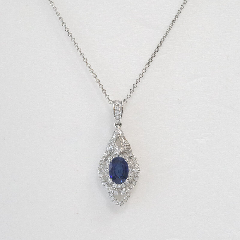 American Jewelry 18k White Gold 0.32ctw Diamond & 0.93ct Blue Oval Sapphire Double Halo Fancy Pendant Necklace (18"-20")