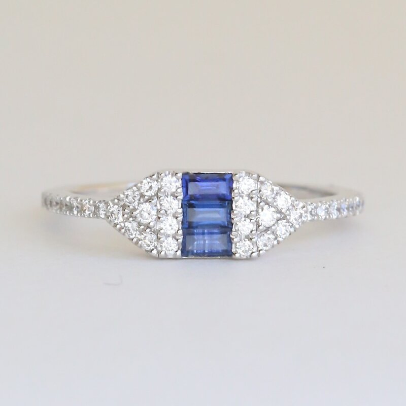 American Jewelry 14k White Gold .20ctw Diamond .29ctw Sapphire Cluster Side Baguette Ring