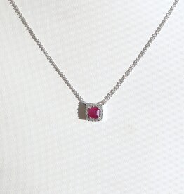 American Jewelry 14k White Gold .44ct Ruby .06ctw Diamond Cushion Halo Necklace