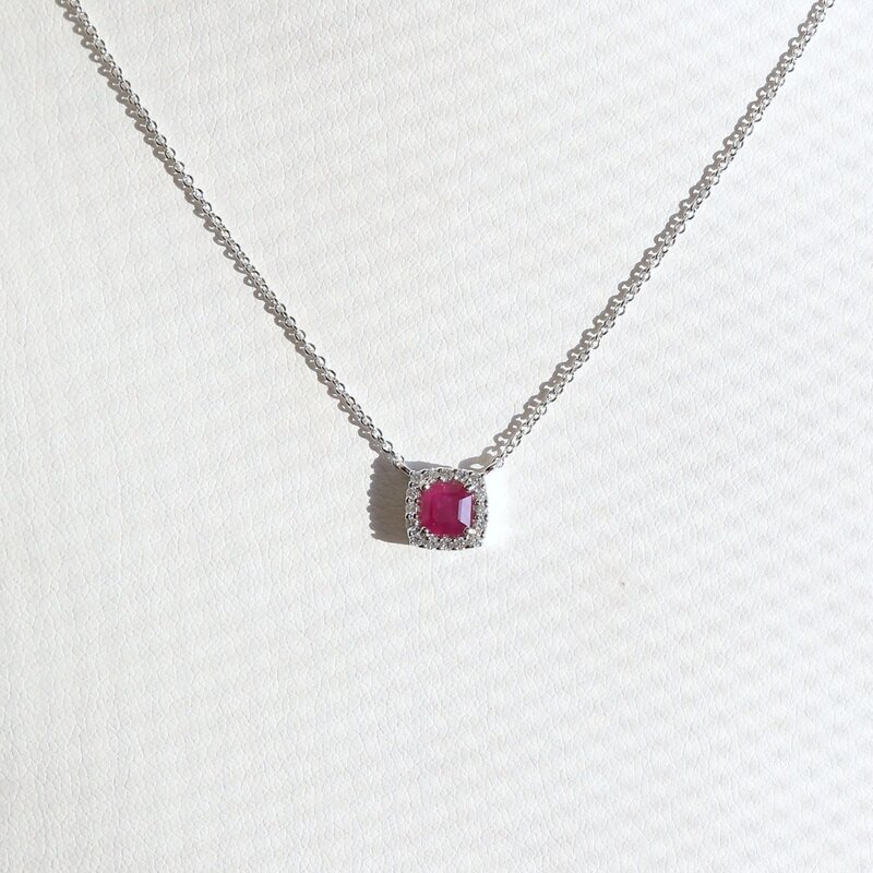 American Jewelry 14k White Gold .44ct Ruby .06ctw Diamond Cushion Halo Necklace