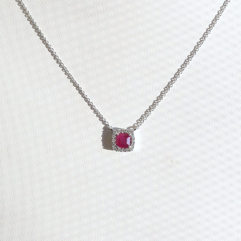 American Jewelry 14k White Gold .44ct Ruby .06ctw Diamond Cushion Halo Necklace