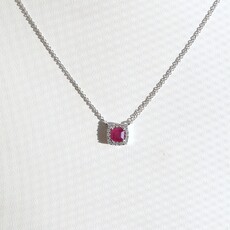 American Jewelry 14k White Gold .44ct Ruby .06ctw Diamond Cushion Halo Necklace