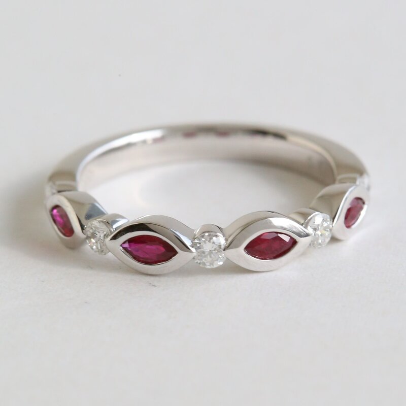 American Jewelry 14k White .36ctw Ruby .25ctw Diamond Marquise Bezel Stackable Band Ring
