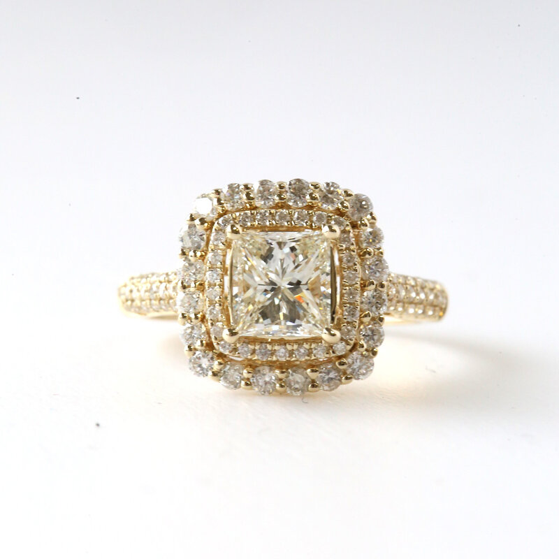 14k Yellow Gold 2.16ctw (1.20 I/SI1 Princess) Double Halo Engagement Ring