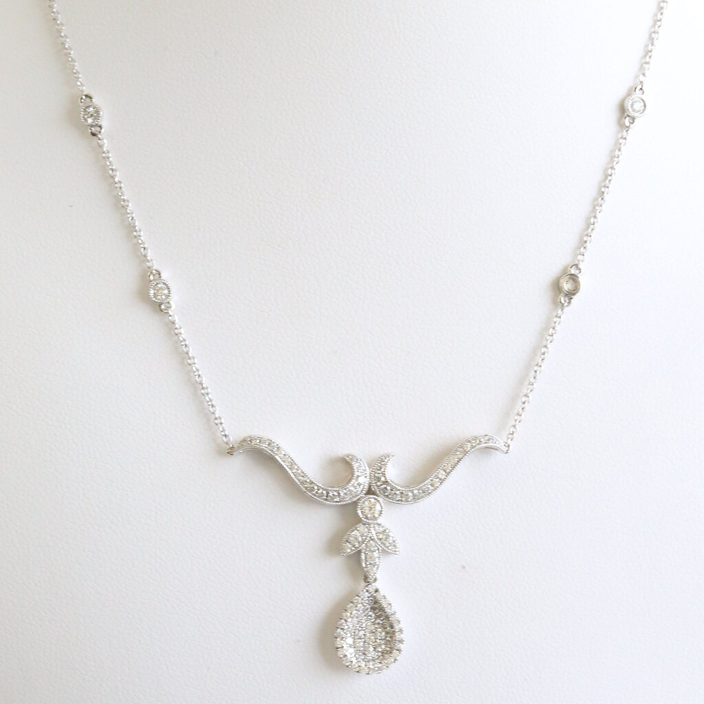 American Jewelry 14k White Gold .86ctw Diamond Pear Inttricate Design Station Necklace