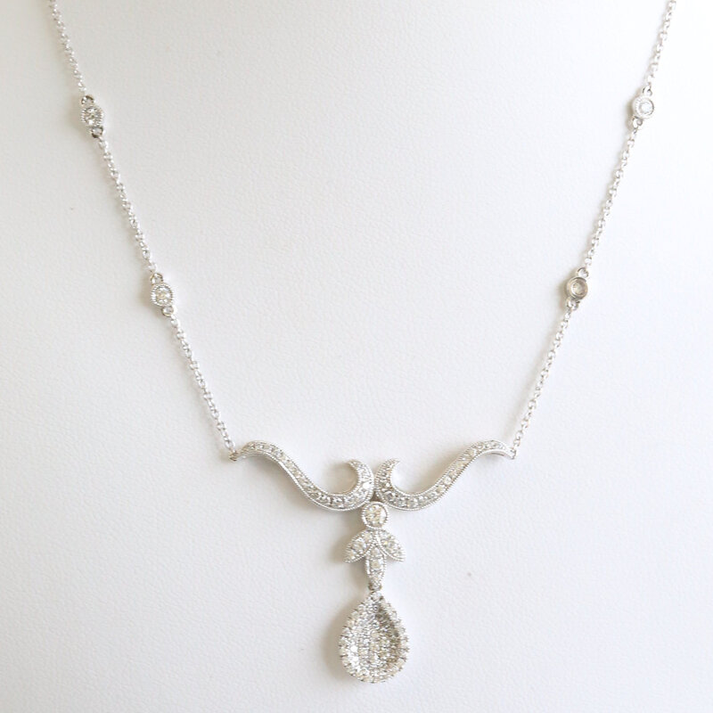 American Jewelry 14k White Gold .86ctw Diamond Pear Inttricate Design Station Necklace