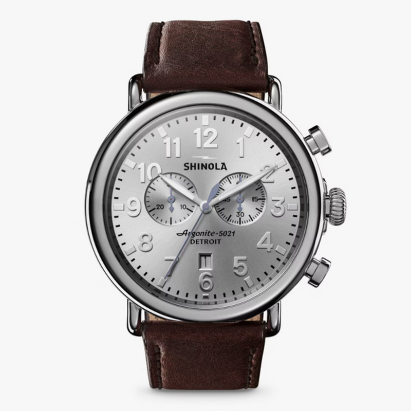 Shinola Shinola Runwell Chrono 47mm Silver Dial with Brown leather Strap