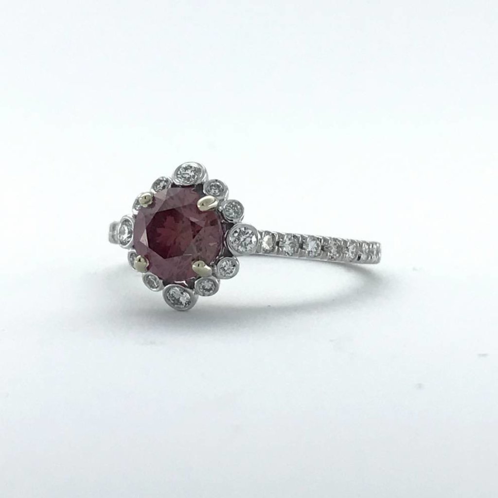 American Jewelry 14k White Gold 1.45ctw (1.07ct Treated, Fancy Deep Pink Even* GIA Round Brilliant) Diamond Bezel Halo Engagement Ring (Size 6)