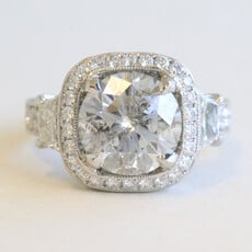American Jewelry Platinum Approx 5.5ctw (4.61 I/I2 Ctr) Diamond Round/Cushion Halo Cathedral w/ Trapezoid Side Stones Engagement Ring