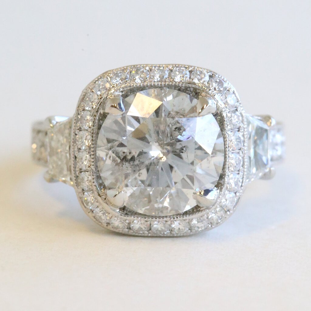 American Jewelry Platinum Approx 5.5ctw (4.61 I/I2 Ctr) Diamond Round/Cushion Halo Cathedral w/ Trapezoid Side Stones Engagement Ring
