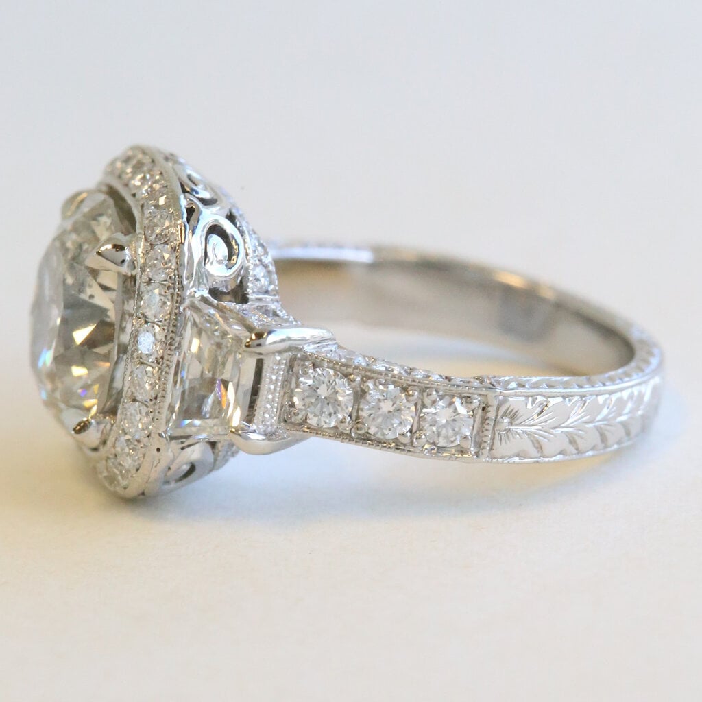 American Jewelry Platinum Approx 5.5ctw (4.61 I/I2 Ctr) Diamond Round/Cushion Halo Cathedral w/ Trapezoid Side Stones Engagement Ring