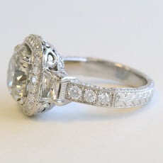 American Jewelry Platinum Approx 5.5ctw (4.61 I/I2 Ctr) Diamond Round/Cushion Halo Cathedral w/ Trapezoid Side Stones Engagement Ring