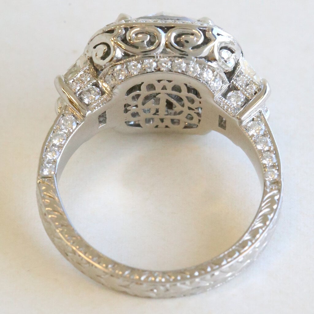 American Jewelry Platinum Approx 5.5ctw (4.61 I/I2 Ctr) Diamond Round/Cushion Halo Cathedral w/ Trapezoid Side Stones Engagement Ring