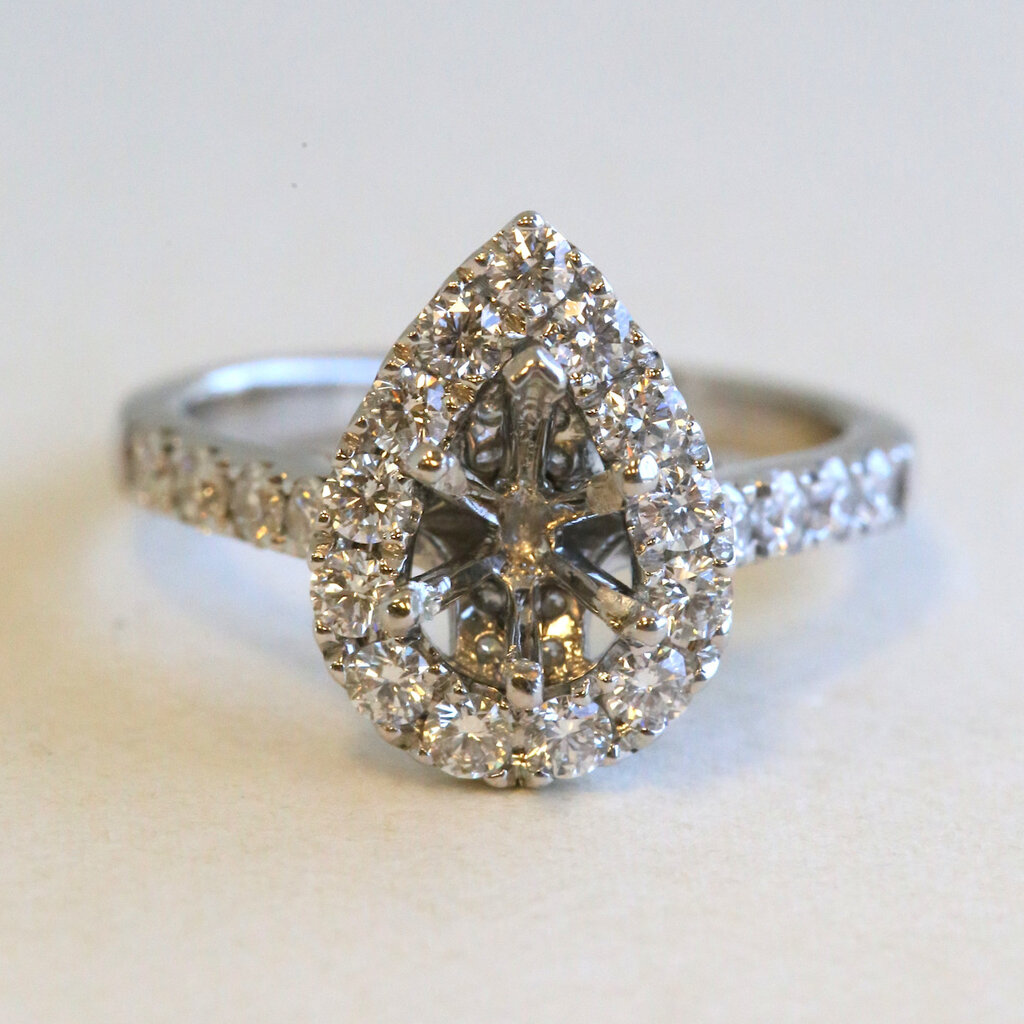 American Jewelry ESTATE 14k White Gold .90ctw Diamond Pear Halo Cathedral Semi Mount Engagement Ring
