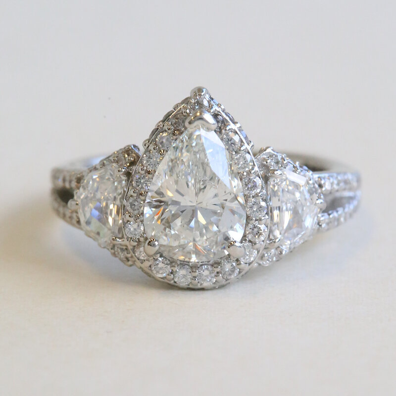 American Jewelry Palladium 2.60ctw (2.01 I/SI2 GIA Ctr) Diamond Pear Halo Crescent Cut Side Split Shank Engagement Ring