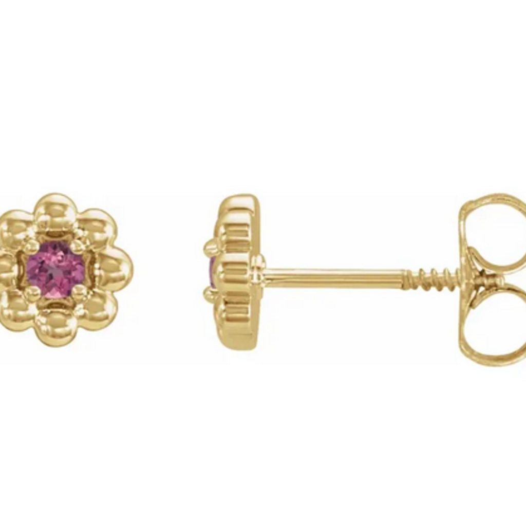American Jewelry 14k Yellow Gold .10ctw Pink Tourmaline Petite Flower Beaded Earrings