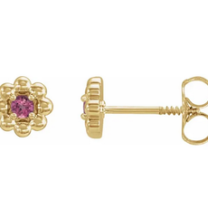 American Jewelry 14k Yellow Gold .10ctw Pink Tourmaline Petite Flower Beaded Earrings