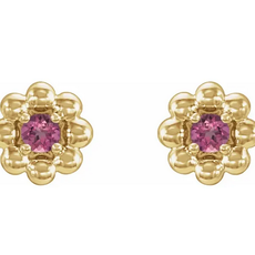 American Jewelry 14k Yellow Gold .10ctw Pink Tourmaline Petite Flower Beaded Earrings