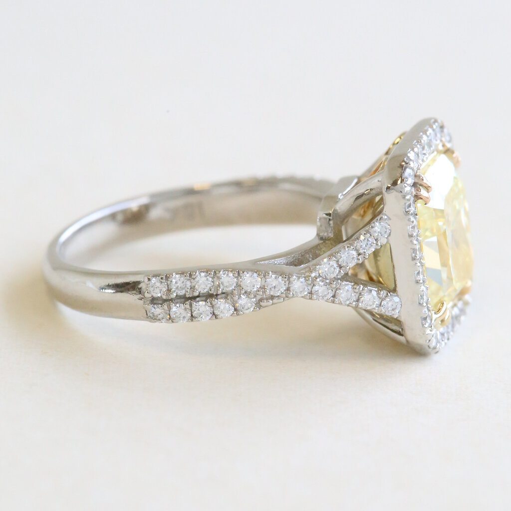 American Jewelry Platinum & 18k White Gold 3.67ctw (3.01 Yellow/VS2 Ctr) Radiant Diamond Halo Infinity Band Engagement Ring