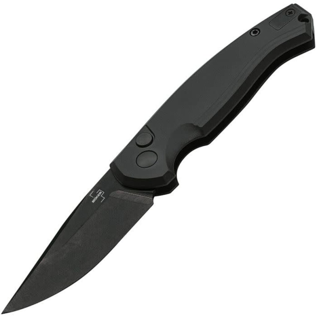 Boker Plus Stainless Steel Blade Aluminum Handle Black Button Lock Knife