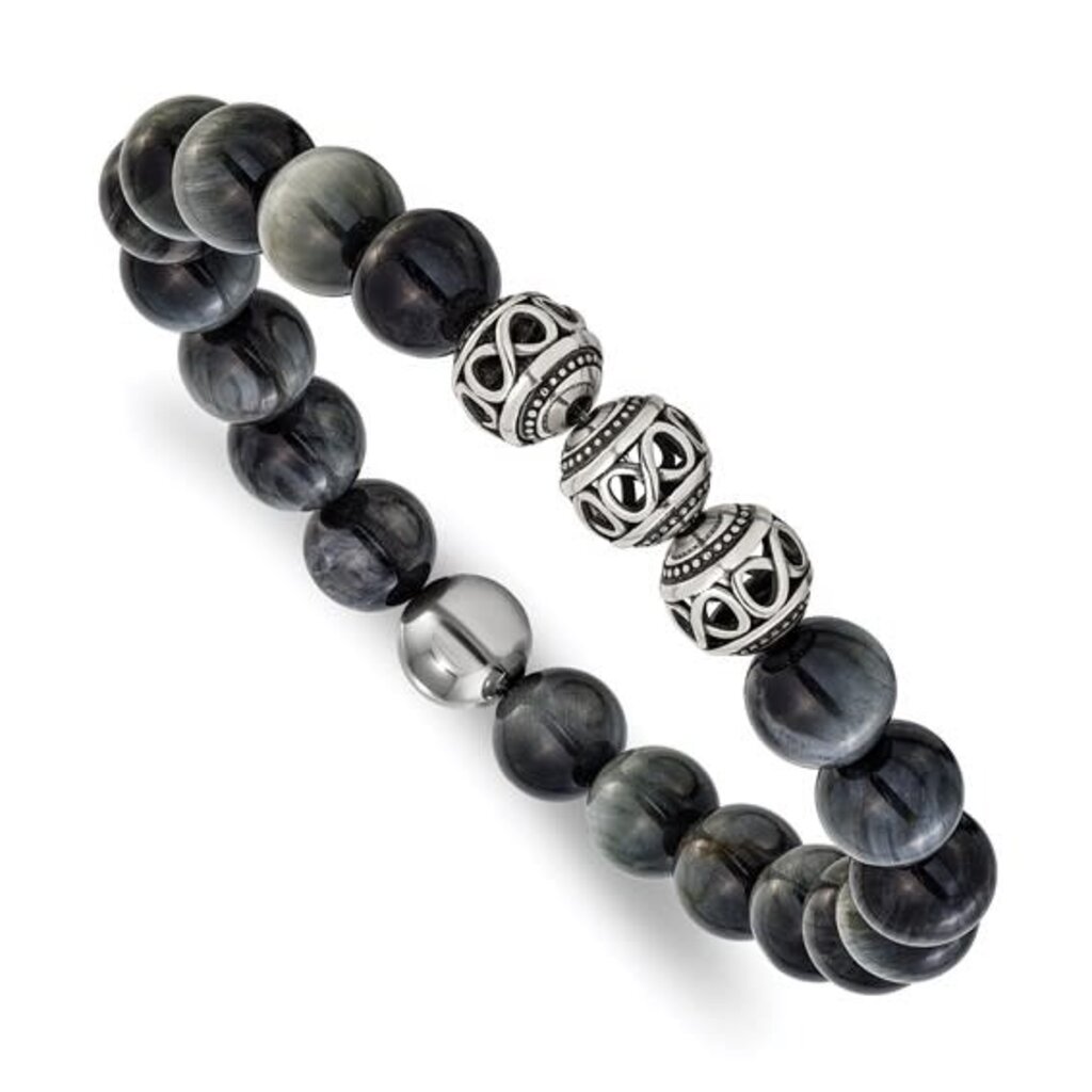 Chisel Mens Stainless Steel 11mm Grey Tiger Eye Beaded Bracelet (7.75")
