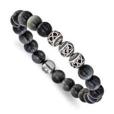 Chisel Mens Stainless Steel 11mm Grey Tiger Eye Beaded Bracelet (7.75")