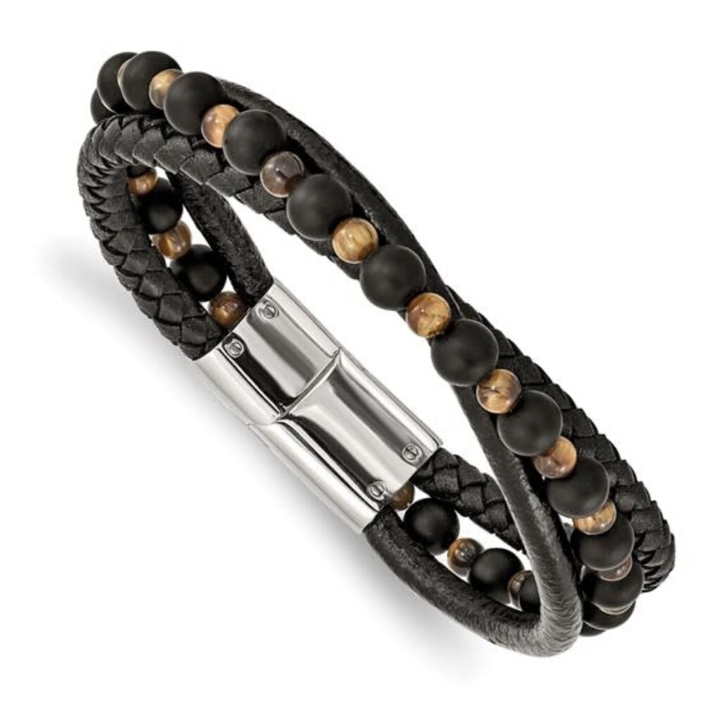 Chisel Mens Stainless Steel and Leather Tiger Eye & Black Agate Black Bracelet (8.25")