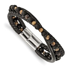 Chisel Mens Stainless Steel and Leather Tiger Eye & Black Agate Black Bracelet (8.25")