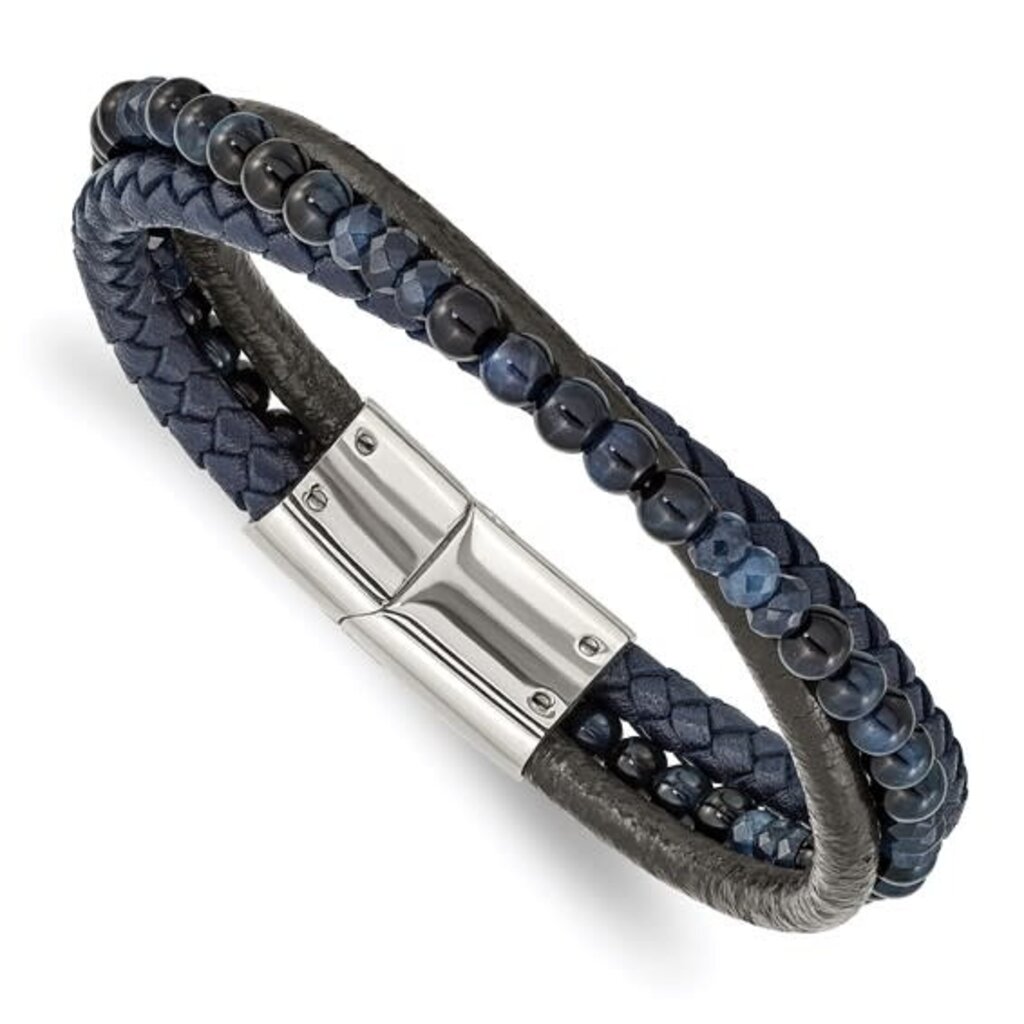 Chisel Mens Stainless Steel Chalcedony & Tigers Eye Beaded Black Leather Bracelet (8.25")