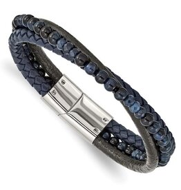 Chisel Mens Stainless Steel Chalcedony & Tigers Eye Beaded Black Leather Bracelet (8.25")