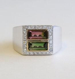 American Jewelry 18k White Gold Pink and Green Tourmaline Baguette and Halo Ring