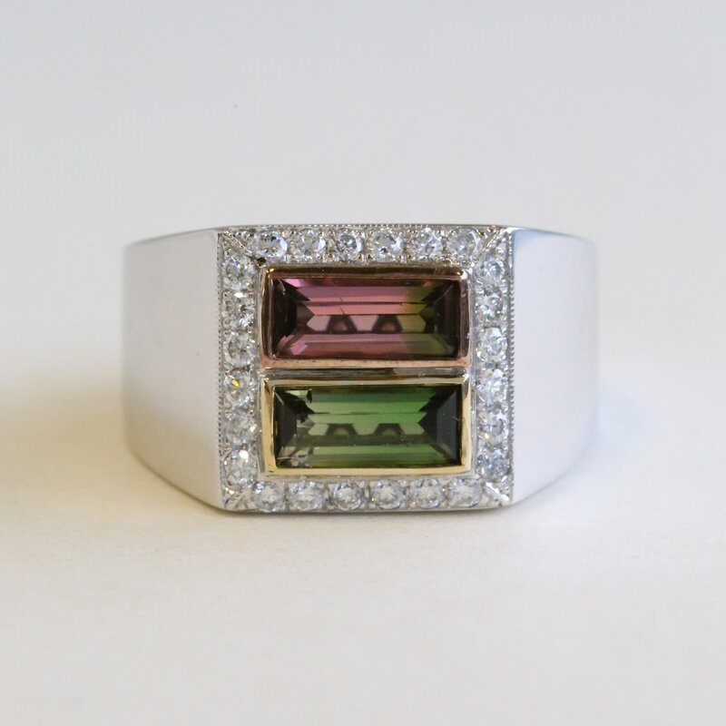 American Jewelry 18k White Gold Pink and Green Tourmaline Baguette and Halo Ring