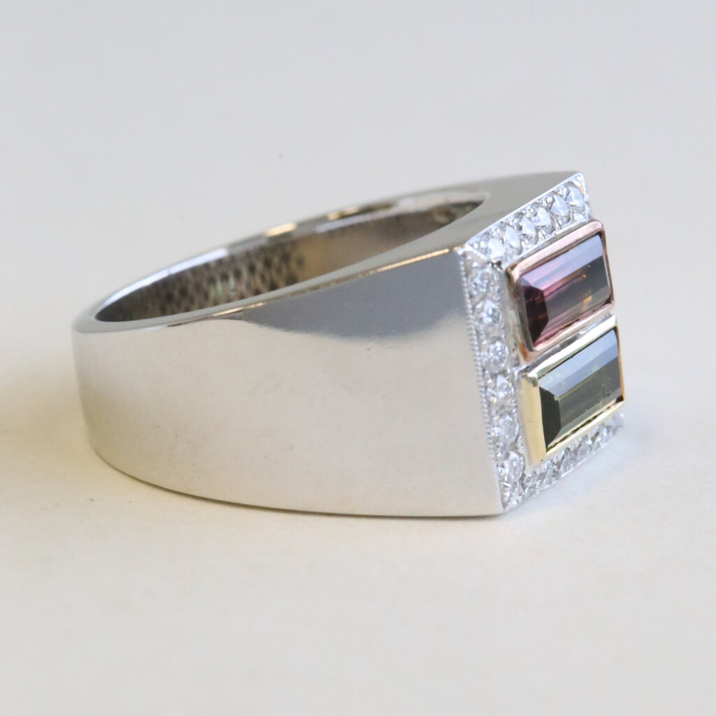 American Jewelry 18k White Gold Pink and Green Tourmaline Baguette and Halo Ring