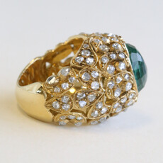 American Jewelry 18K Yellow Gold 5.54ct Oval Emerald and Old Mine Cut Diamond Ring