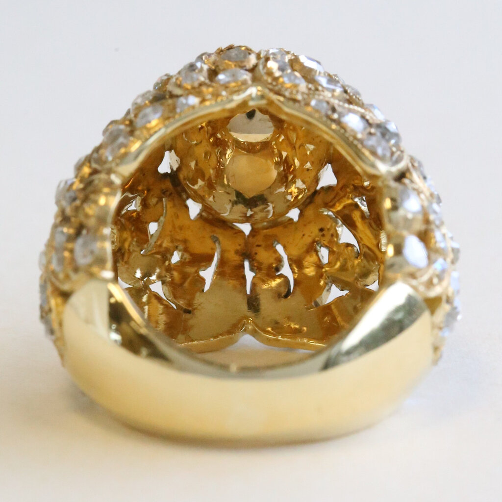 American Jewelry 18K Yellow Gold 5.54ct Oval Emerald and Old Mine Cut Diamond Ring