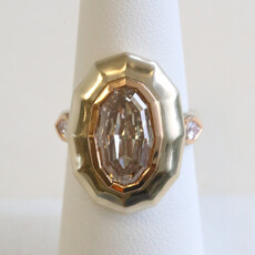 American Jewelry 18k Gold 5.39ctw (5.04 Fancy Light Brown/SI1 GIA Ctr) Modified Oval Step Cut Bezel Ring w/ Pink Pear Diamond Accent Ring