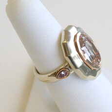 American Jewelry 18k Gold 5.39ctw (5.04 Fancy Light Brown/SI1 GIA Ctr) Modified Oval Step Cut Bezel Ring w/ Pink Pear Diamond Accent Ring