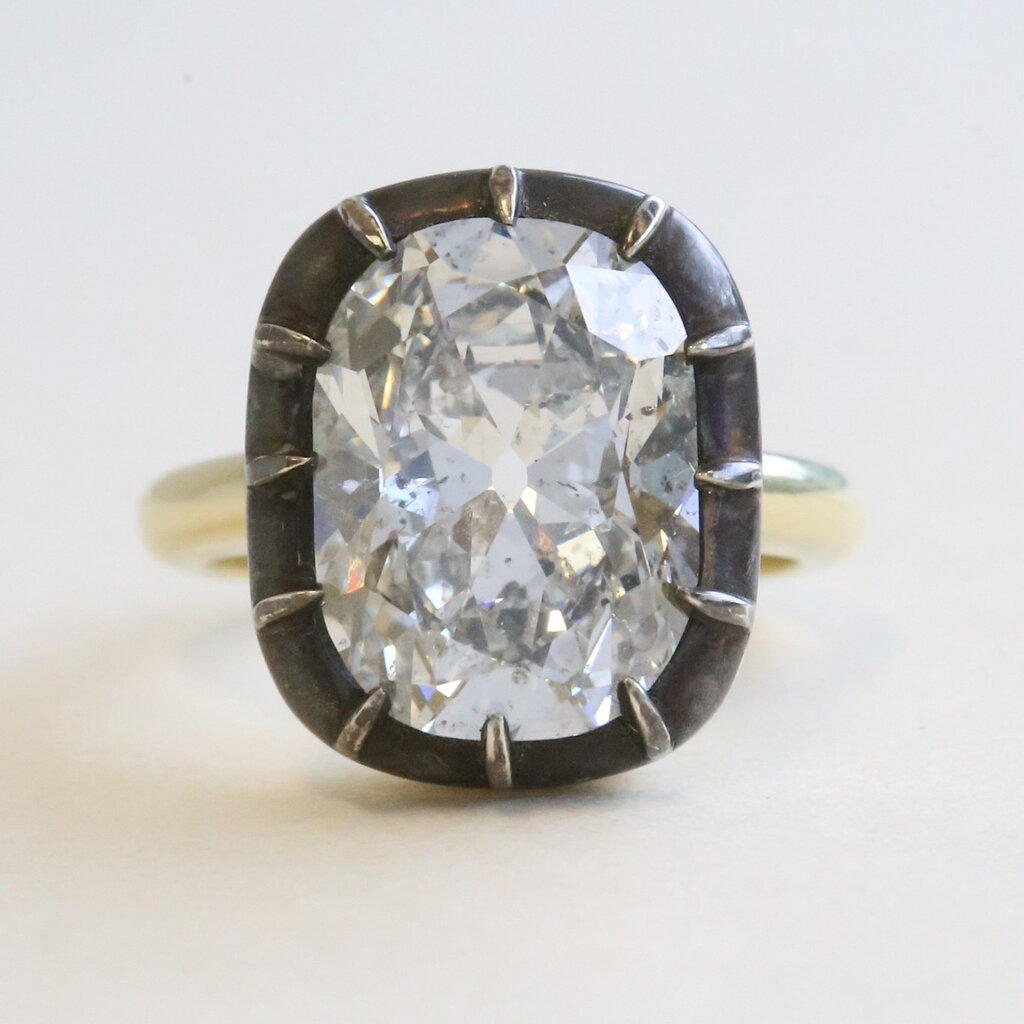 American Jewelry 18k Yellow Gold 8.14ct IGI  F/SI2 Elongated Cushion Diamond Ring w/ Black Enamel