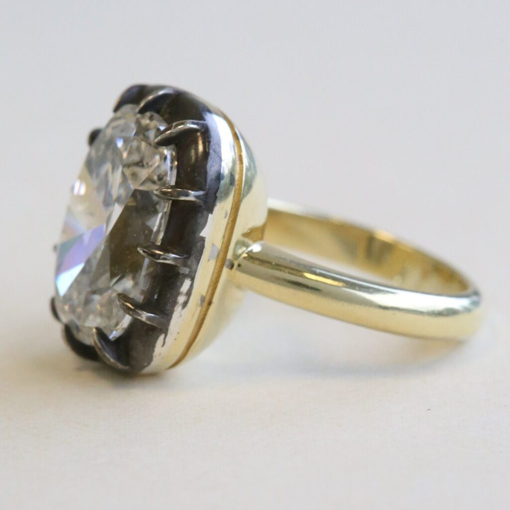 American Jewelry 18k Yellow Gold 8.14ct IGI  F/SI2 Elongated Cushion Diamond Ring w/ Black Enamel