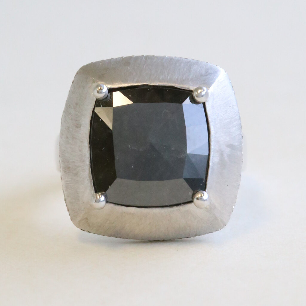 American Jewelry 18k White Gold 3.60ct Natural Dark Gray Rose Cut Cushion Diamond Ring w/ Micro Pave  Hidden Halo