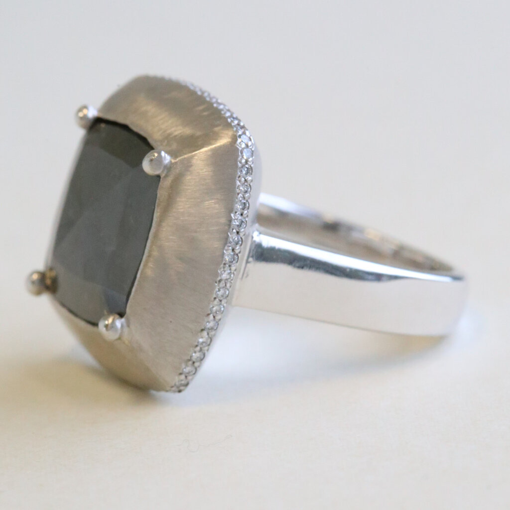 American Jewelry 18k White Gold 3.60ct Natural Dark Gray Rose Cut Cushion Diamond Ring w/ Micro Pave  Hidden Halo