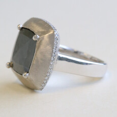 American Jewelry 18k White Gold 3.60ct Natural Dark Gray Rose Cut Cushion Diamond Ring w/ Micro Pave  Hidden Halo