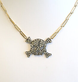 American Jewelry 18k Yellow Gold Black Rhodium 1.34ctw Diamond Skull Paperclip Link Necklace