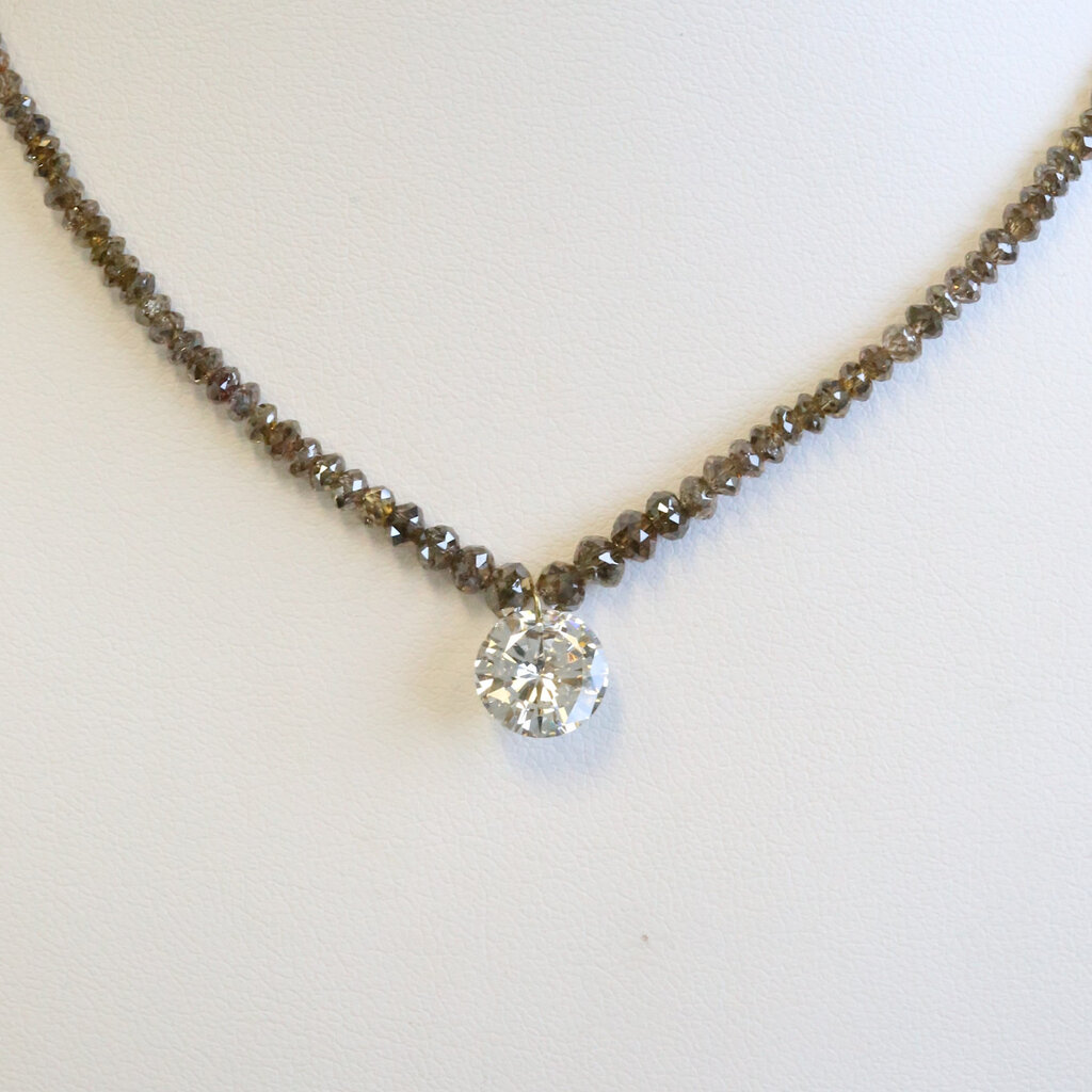 American Jewelry 14k Gold 2.16ct M/SI2 Round Dancing Diamond on Brown Diamond Strand Chain Necklace