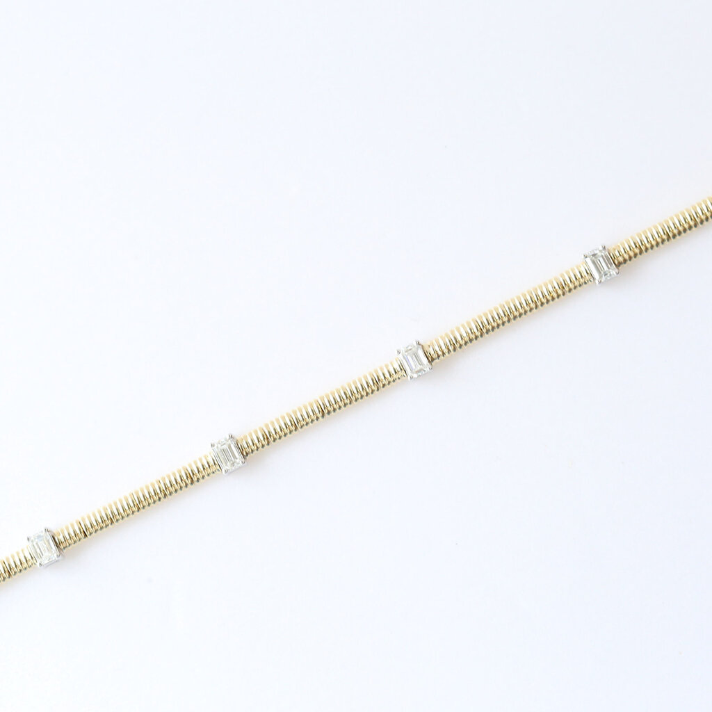 American Jewelry 14k Yellow Gold 1.39ctw Stationed Emerald Ribbed Link Diamond Bracelet (7")