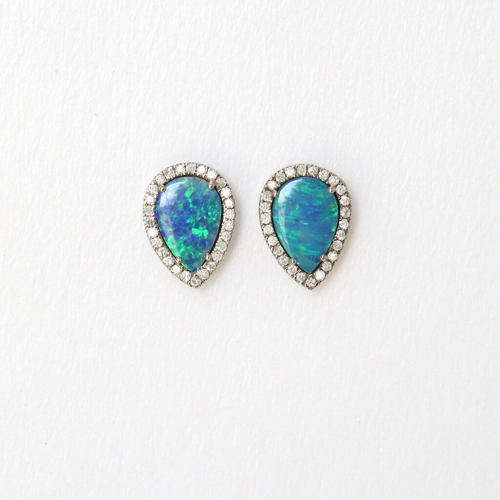 American Jewelry 18k White Gold 1.58ctw Pear Opal and .24ctw Diamond Halo Stud Earrings