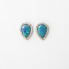 American Jewelry 18k White Gold 1.58ctw Pear Opal and .24ctw Diamond Halo Stud Earrings